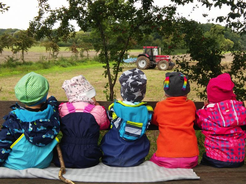 Fünf Kinder sitzen von hinten fotografiert auf einer Bank im Grünen und beobachten gemeinsam einen Traktor auf dem Feld